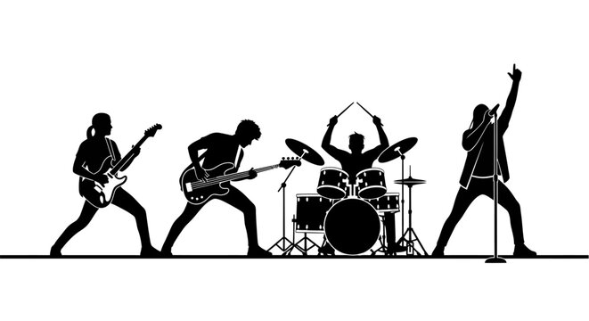 Black silhouettes of rock band performing on stage with instruments and microphones in a lively concert setting