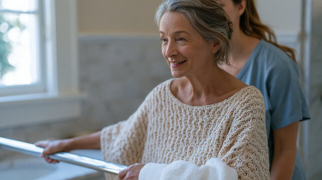 Aging in place occupational therapist installs grab bar in senior bathroom while elderly client observes, home safety modification process shown in realistic American bungalow bathroom setting durin