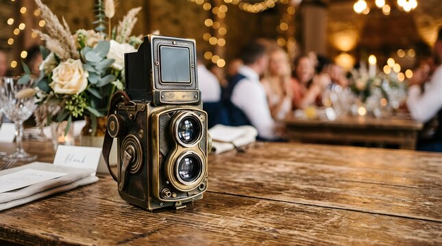 Vintage twin lens reflex camera placed on a wooden table at a reception