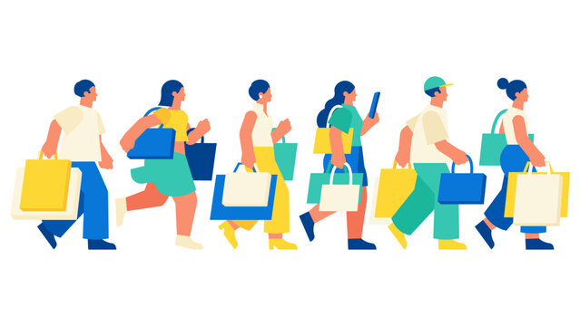 Diverse people walking together side by side with many shopping bags for summer sale and back to school promotion in flat design style illustration