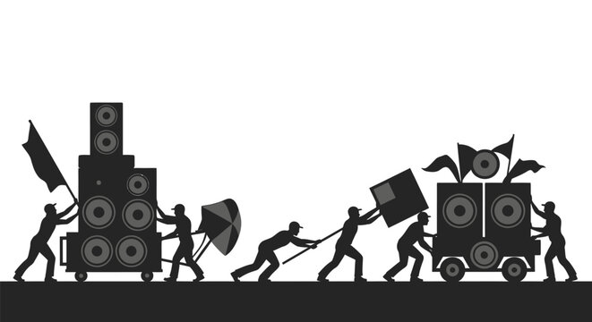 People pulling speaker carts with flags and music equipment in a lively procession