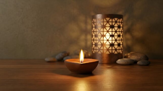 Tranquil spa setting with candle and decorative lantern