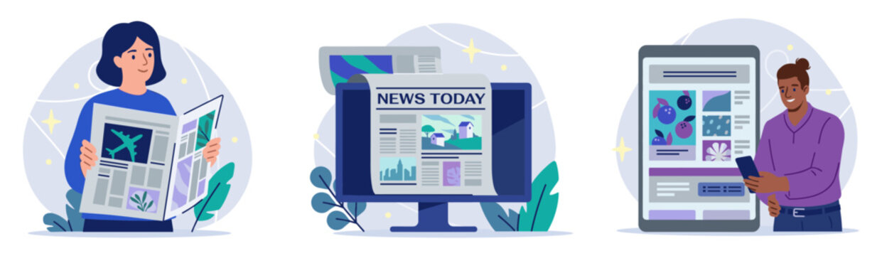 Illustration of people consuming news through different media: newspaper computer monitor and smartphone flat design information newspaper smartphone broadcasting journalism communication