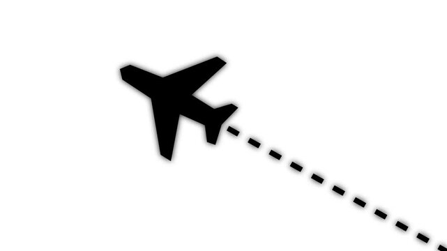 Flying airplane icon animation on black background. Airplane line path animation, air plane flight route with start point, icon of air plane flight route 