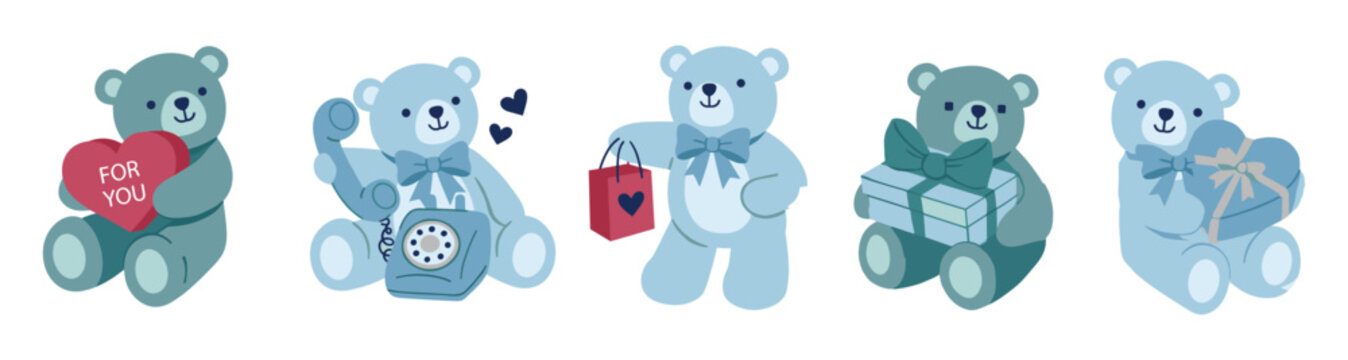 Collection of cute blue teddy bears holding valentine's day symbols with teddy bear stuffed animal valentine illustration character childhood celebration romantic affection adorable surprise