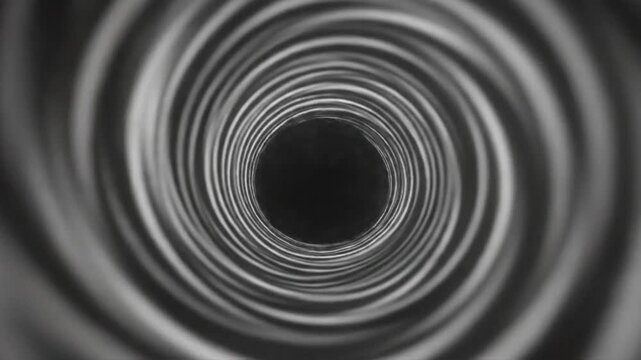 Black and white abstract tunnel illusion creates a hypnotic vortex effect, spiraling into nothingness