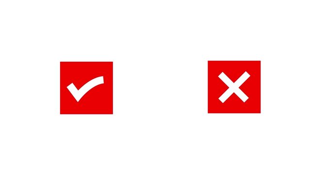 Check box icon with right and wrong buttons and yes or no. Animated pop-up green check mark and red cross symbol on black background. Green check mark and red cross symbol 4k animation