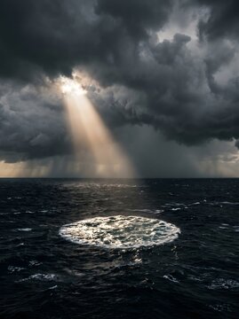 A single god ray piercing storm clouds over a dark ocean