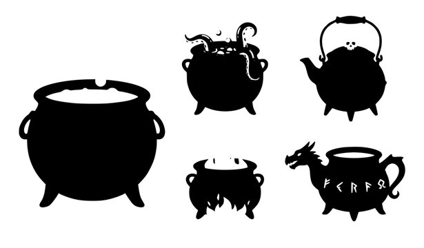 Halloween witch pot collection vector illustration spooky cauldron set isolated on white background