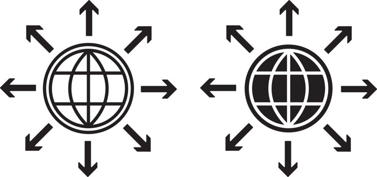 international network design. globe with eight arrows pointing outwards. Global network and worldwide distribution icon set with globe and arrows