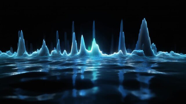 Glowing blue audio waveform visualizer pulses rhythmically above dark liquid surface in this dynamic 4k motion graphics video clip