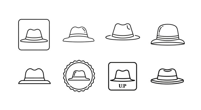 Fedora hat icon set, minimalist line art collection for UI design