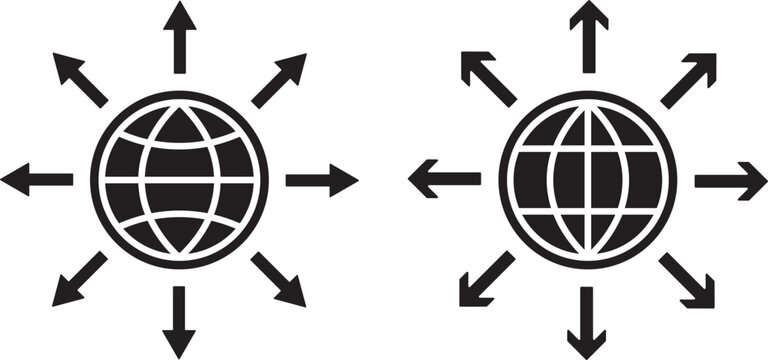 worldwide distribution symbol. international network design. globe with eight arrows pointing outwards. Global network and worldwide distribution icon set with globe and arrows