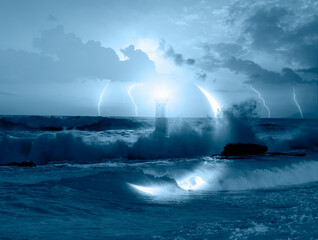 Fototapeta premium Rocky coastline with strong sea wave - Night sky with lighthouse, Crescent moon in the sea wave