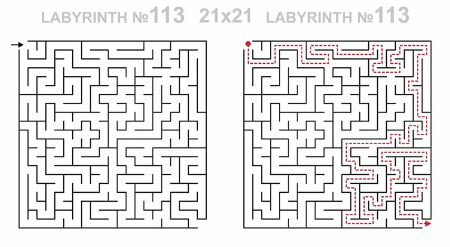 Solved maze vector 21x21 with answer key. Square labyrinth for kids activity. Maze challenge with answers. Easy to use.