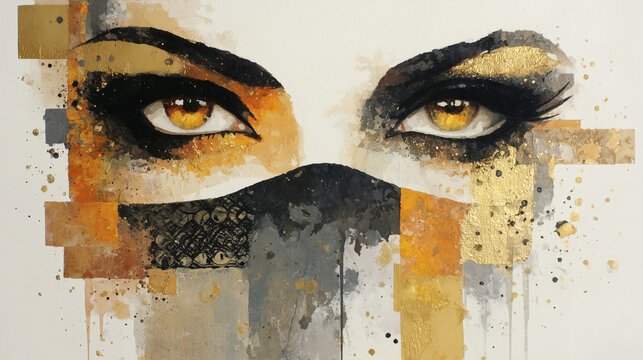 Mystic Veiled Eyes Abstract Portrait with Gold Texture and Mixed Media Art
