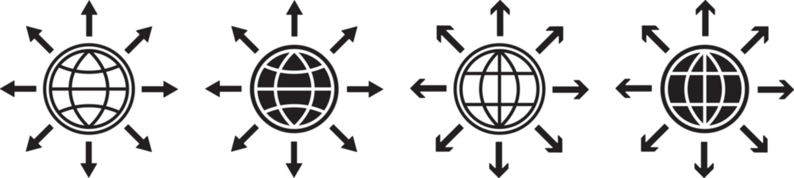 worldwide distribution symbol. international network design. globe with eight arrows pointing outwards. Global network and worldwide distribution icon set with globe and arrows