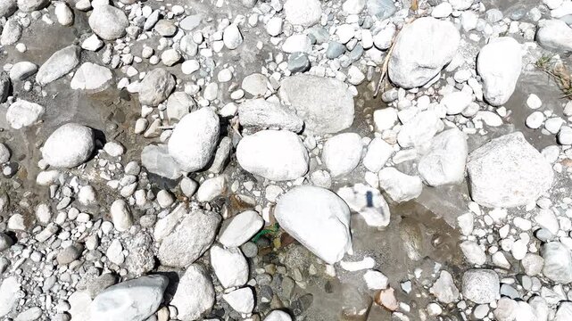 Rocks rest in shallow, clear water. Green grass grows between stones. Natural, untouched streambed scene. Ideal for nature, outdoor, or travel themes. No people, no animals, no signs