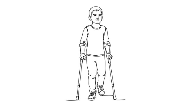 A line art illustration of a young boy using crutches to walk.