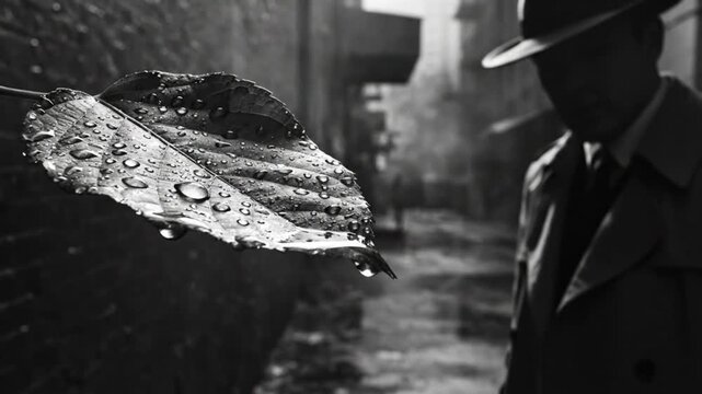 Black and white detective in trench coat examines a wet leaf in a rainy alley, noir thriller vibe