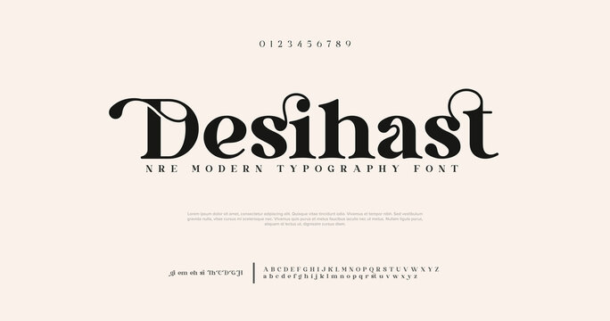 Elegant Romance Designs Minimal Fashion Lettering word. Classic typography serif font. Uppercase, lowercase, ligatures, ampersand, alternate, and number. Vector illustration
