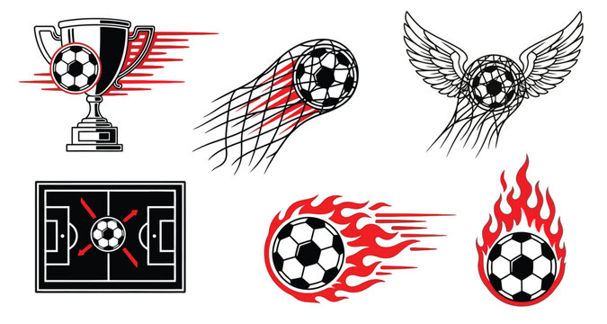 Vector illustration set featuring soccer balls, fire elements, and sports competition icons