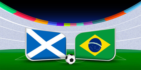 Football match preview featuring Scotland vs Brazil. Soccer Match Poster with National Flags and Stadium Background. © boldg