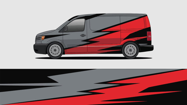 Red and black van side view.