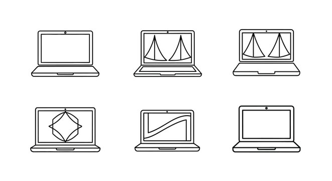 Set of six hand-drawn laptop icons with abstract screen designs