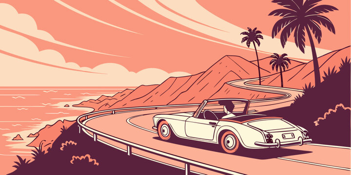 USA, US, U.S, America, United States - Convertible driving coastal highway during sunset cinematic scene
