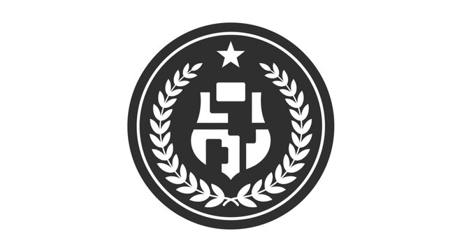 Abstract circular heraldic emblem with laurel wreath and star.