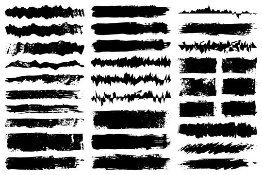 Grunge brush stroke set: diverse black ink textures and shapes collection.