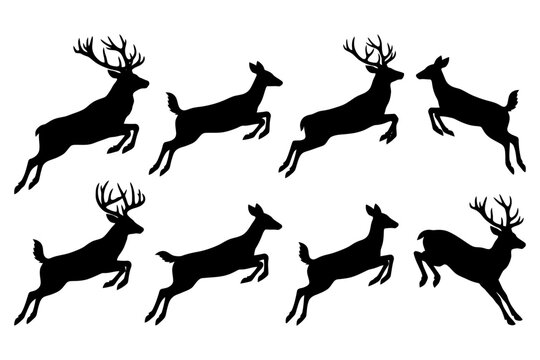 Silhouette of deer and stag in various jumping poses on white background.