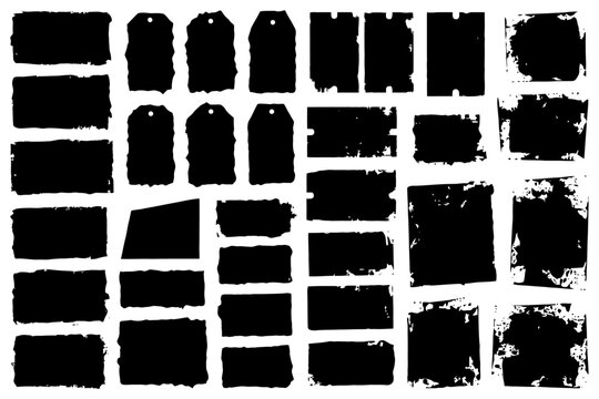 Grunge black rectangle and tag shapes collection on white background.