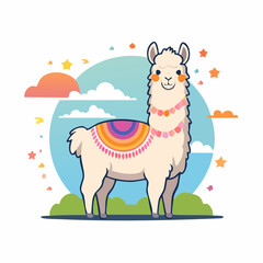 Obraz premium Cute Cartoon Llama with Colorful Blanket and Stars