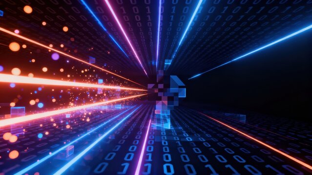 Digital tunnel with binary code and neon lights