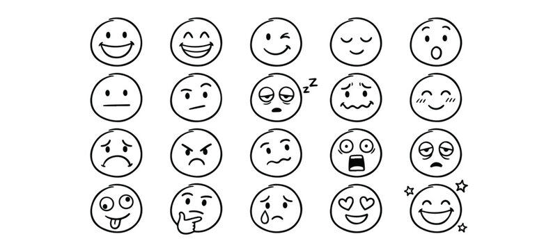 Hand Drawn Emoji Faces Set with Various Expressions; Black and White Minimalist Smilies, Sad, Angry, Happy, and Surprised Doodle Icons for Social Media, Communication, and Feedback Design on White Bac