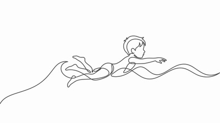 Continuous line drawing of a child swimming in the water. © Nyadong