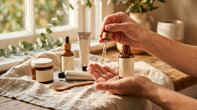Woman's hands applying natural skincare serum with a dropper, surrounded by various organic beauty products for a healthy and glowing complexion in a bright home setting