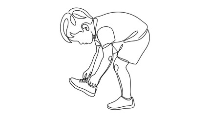 Obraz premium Continuous line drawing of a little boy tying his shoelaces.