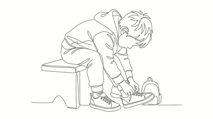 Obraz premium Continuous line drawing of a young boy tying his shoelaces while sitting on a stool.