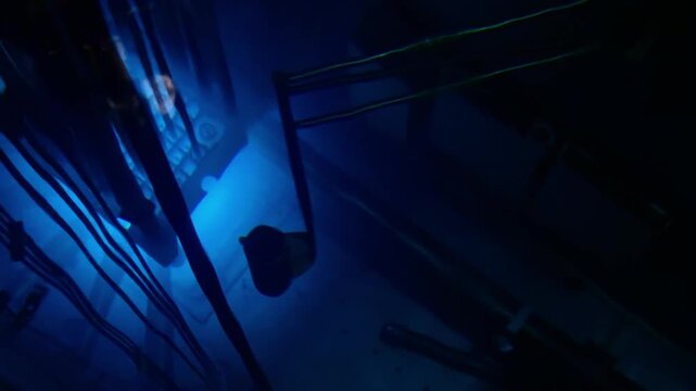 Blue glow water of nuclear reactor core powered, caused by Cherenkov radiation, fuel plates industrial uran.