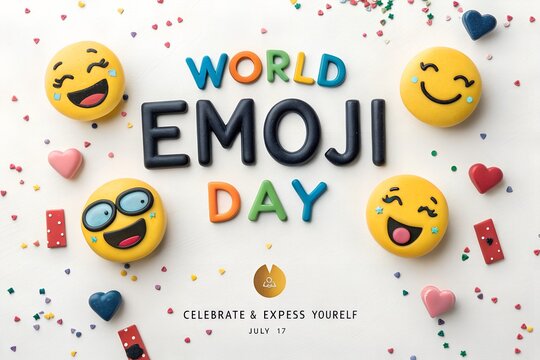 World emoji day celebration featuring colorful smiling faces and cheerful letters in a bright festive composition that captures the joyful spirit of digital communication and global connection for soc