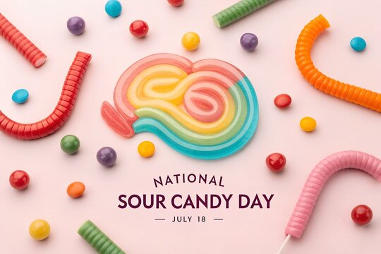 Colorful assortment of vibrant sour gummy candies and small round coated sweets arranged in a festive flat lay composition to celebrate national sour candy day during the warm summer season