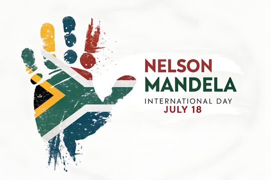 Vibrant artistic handprint design featuring the South African national flag colors alongside bold text celebrating Nelson Mandela international day which is observed annually on the eighteenth day of 