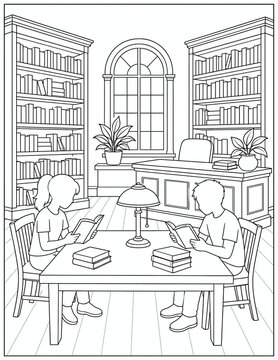 Clean black and white line art; coloring book style with bold outlines and intricate details.