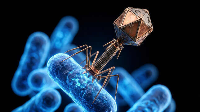 Virus, bacteriophage, 3D illustration, microscopic, viral infection, bacteria