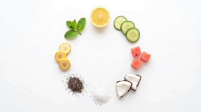 Natural electrolyte hydration ingredients circular layout white background