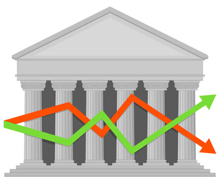 Classical bank facade with crossing green and orange arrows representing market volatility, economic forecasting, trading competition, and financial uncertainty. (cut out)