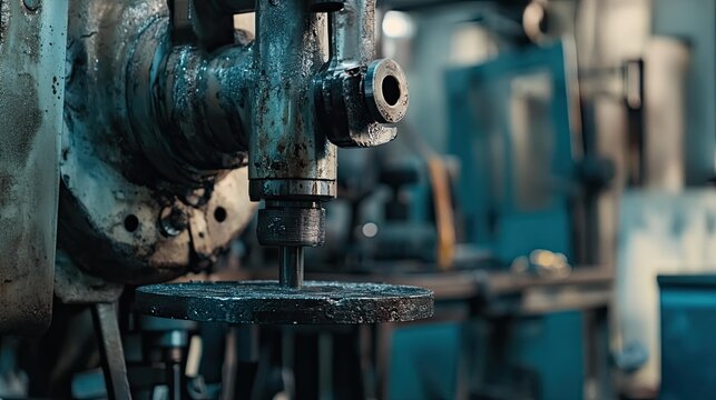 Industrial drill press machinery working in a dusty metal workshop, highlighting the concepts of manufacturing, hard work, automation, and old technology
